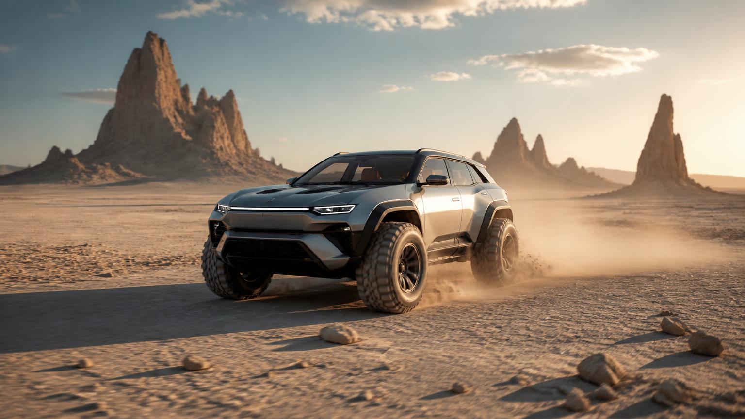 Silver concept vehicle in a desert video frame